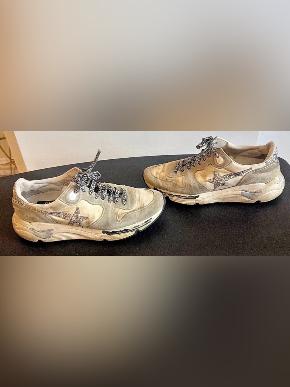 Golden Goose Running Sole Sneakers Animal Print Laces White & Brown